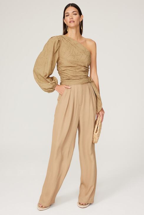 Maje Tops - Maje Lalmeto One Sleeve Cut Out Ruched Tie Waist Tan Top Size Large
